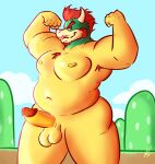  absurd_res anthro armpit_hair balls belly bodily_fluids body_hair bowser breasts chest_tuft chubby_anthro chubby_male erection facial_hair flexing gaygoat genital_fluids genitals hi_res koopa male mario_bros nintendo nipples nude pecs penis precum scalie simple_background solo thick_thighs tuft 
