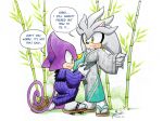  2boys bamboo dated english_commentary english_text espio_the_chameleon finik geta gloves highres japanese_clothes kimono multiple_boys purple_kimono signature silver_the_hedgehog socks sonic_(series) speech_bubble white_gloves white_kimono white_socks 