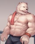  2021 4:5 abs anthro bear biped black_bottomwear black_clothing black_nose black_shorts blue_eyes bottomwear clothed clothing crushfang_(sdorica_sunset) digital_drawing_(artwork) digital_media_(artwork) facial_scar fur leaning_on_railing luodejun male mammal muscular muscular_anthro muscular_male one_eye_closed pecs scar sdorica_sunset shorts simple_background solo topless towel towel_on_shoulder white_body white_fur wristband 