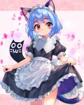  1girl absurdres animal_ear_fluff animal_ears apron black_dress blue_hair blush cat_ears cat_girl cat_tail character_request check_character chibi_yami closed_mouth commentary_request dress frilled_apron frilled_dress frills futaba_channel highres maid maid_apron maid_headdress nijiura_maids puffy_short_sleeves puffy_sleeves red_eyes short_hair short_sleeves skirt_hold smile solo tail tsukiyono_aroe waist_apron white_apron 