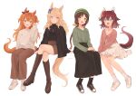  4girls alternate_costume animal_ears aqua_eyes black_bow black_skirt black_sweater blue_bow blush boots bow brown_hair brown_pants brown_skirt commentary crossed_legs ear_bow ear_covers gold_city_(umamusume) hair_between_eyes hayakawa_tazuna highres horse_ears horse_girl horse_tail jewelry knee_boots long_hair long_skirt long_sleeves looking_at_viewer mayano_top_gun_(umamusume) multiple_girls necklace open_mouth orange_hair pants parted_lips pencil_skirt puffy_sleeves purple_hair ribbed_sweater rio_(rio_067) sakura_chiyono_o_(umamusume) shoes short_hair simple_background skirt smile sneakers sweater symbol-only_commentary tail teeth turtleneck turtleneck_sweater two_side_up umamusume upper_teeth_only very_long_hair white_background white_footwear 