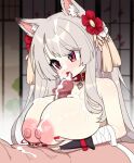  1boy 1girl absurdres animal_ear_fluff animal_ears azur_lane bandaged_arm bandages blush breasts breasts_squeezed_together bridal_gauntlets censored collar cromachina cum cum_in_mouth cum_on_body cum_on_breasts cum_on_hair cum_on_penis cum_on_tongue facial fellatio fingernails flower grey_hair hair_flower hair_ornament hetero highres huge_breasts licking licking_penis long_fingernails long_hair mosaic_censoring nail_polish nipples open_mouth oral paizuri penis red_eyes red_nails solo_focus tongue tongue_out wolf_ears yuudachi_(azur_lane) yuudachi_(shogun_of_snowballs)_(azur_lane) 