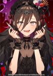  1girl azit_(down) black_hair bow fork grey_eyes hair_between_eyes headdress highres holding holding_fork holding_spoon karasumori_daikoku long_bangs long_hair looking_at_viewer official_art open_mouth red_bow solo spoon tongue tongue_out world_dai_star 