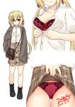  1girl 2019 alternate_costume arihara_nanami bag black_footwear blonde_hair boots bra braid breasts brown_jacket brown_skirt casual cleavage closed_mouth clothes_lift collarbone commentary dated double-parted_bangs eyes_visible_through_hair frilled_bra frilled_shirt frills full_body hair_between_eyes hair_ornament hair_ribbon hairclip handbag high-waist_skirt highres hirocchi jacket lifted_by_self light_blush long_hair looking_at_viewer low_twintails medium_breasts multiple_views open_clothes open_jacket panties parted_lips plaid plaid_skirt presenting_pussy red_eyes red_panties red_ribbon ribbon riddle_joker shirt side_braid signature simple_background skirt skirt_lift sleeves_past_wrists smile solo standing straight_hair thigh_gap twintails unbuttoning underwear undressing very_long_hair white_background white_shirt 