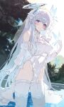  1girl alternate_costume blue_archive blush bridal_veil bug butterfly detached_sleeves dress gloves halo highres kabedoru lake navel noa_(blue_archive) outdoors purple_eyes see-through see-through_dress sky smile solo veil wedding_dress white_dress white_gloves white_hair 