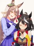  2girls ahoge animal_ears black_hair black_shirt blunt_bangs blush braid breasts brown_eyes brown_hair cleavage closed_mouth commentary_request cowboy_shot ear_ornament french_braid hair_between_eyes hair_ribbon highres horse_ears horse_girl kitasan_black_(umamusume) long_hair long_sleeves looking_at_another looking_to_the_side masaki_shino medium_bangs medium_breasts multicolored_hair multiple_girls one_eye_closed open_mouth purple_sailor_collar purple_serafuku purple_shirt purple_skirt red_eyes red_ribbon ribbon sailor_collar satono_diamond_(umamusume) school_uniform serafuku shirt short_hair simple_background skirt sleeveless sleeveless_shirt smile streaked_hair summer_uniform tracen_school_uniform two-tone_hair two_side_up umamusume upper_body white_background white_hair yellow_eyes 