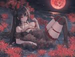  1girl animal_ear_fluff bare_shoulders breasts criss-cross_halter double_bun dress flower frills hair_bun halterneck high_heels holding holding_flower large_breasts long_hair looking_at_viewer moon original parted_lips red_eyes red_moon solo thigh_strap thighs very_long_hair water whois 