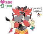  angry anthro batgirl batman_(series) blonde_hair cape claws clothing dc_comics fangs fantasy000 fire generation_7_pokemon gloves group hair handwear harley_quinn hi_res human humor incineroar male mammal mask muscular muscular_male nintendo pokemon pokemon_(species) smile speech_bubble teeth trio 