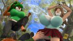  3d_(artwork) 4k absurd_res anthro antlers big_breasts bottomwear breasts buckteeth clothing dart deer digital_media_(artwork) dongly12 eyewear female fiona_fawnbags_(dullvivid) glasses group hi_res horn huge_breasts mammal mature_female neck_tuft panties panty_shot revamped_anthros skirt source_filmmaker stomping tea_tree_(donglysfm) teeth trio tuft underwear 