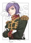  1boy aotch blunt_ends border character_name closed_mouth commentary epaulettes garma_zabi gloves green_jacket gundam high_collar highres jacket long_sleeves looking_at_viewer male_focus military_uniform mobile_suit_gundam outside_border paper_texture purple_eyes purple_hair short_hair simple_background smile solo uniform upper_body white_background white_border white_gloves 