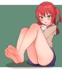  1girl ass bare_legs barefoot blue_skirt blush bocchi_the_rock! eyelashes feet full_body green_background green_eyes highres kita_ikuyo knees_up legs legs_together long_hair long_sleeves lumina414 miniskirt no_panties one_side_up open_mouth pleated_skirt red_hair sailor_collar school_uniform shadow shuka_high_school_uniform sidelocks skirt sky soles solo thighs toenails toes 