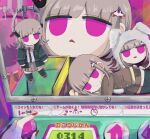  1girl animal_hood black_jacket black_thighhighs brown_hair brown_jacket brown_skirt character_doll closed_mouth crane_game danganronpa:_trigger_happy_havoc danganronpa_(series) danganronpa_2:_goodbye_despair danganronpa_3_(anime) enoshima_junko famima_de_neppuri galaga hair_ornament highres hood hope&#039;s_peak_academy_school_uniform jacket medium_hair miniskirt nanami_chiaki neck_ribbon open_clothes open_jacket open_mouth pink_eyes pink_footwear pleated_skirt pov rabbit_hood red_nails ribbon school_uniform shoes skirt tears thighhighs translation_request triangle_mouth 