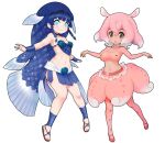  2girls armor bikini_armor black_eyes blue_eyes blue_hair choker coelacanth_(kemono_friends) fins fish_girl fish_tail head_fins ise_(0425) japanese_pancake_devilfish_(kemono_friends) kemono_friends long_hair looking_at_viewer multiple_girls navel pantyhose pink_hair sandals sarong shirt shoes short_hair simple_background skirt tail wristband 