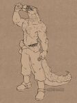  anthro chest_tattoo crocodile crocodilian crocodylid daylon_(dislyte) dislyte drinking eyes_closed facial_markings head_markings male markings muscular no_shirt reptile scalie sealed_mouth solo spikes tail tattoo teeth thick_tail tools wrench zinthings 