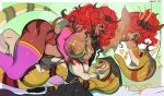  4_eyes anthro blush bovid breast_grab breasts brown_body brown_fur caprine clothed clothing duo eyes_closed female fur goat hair hand_on_breast hi_res kissing leonifa mammal multi_eye nipples open_mouth red_hair reptile scalie snake tail tongue tongue_out yellow_body 