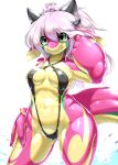  anthro breasts clothing dragon female green_eyes hair hand_on_hip hi_res horn location_now monokini one-piece_swimsuit rubber solo swimwear tail white_hair 