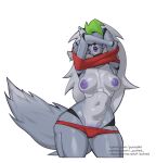  anthro areola big_breasts breasts canid canine canis clothed clothing ear_piercing female fingers five_nights_at_freddy&#039;s five_nights_at_freddy&#039;s:_security_breach fluffy fluffy_tail fur green_hair grey_body grey_fur grey_hair hair hi_res machine mammal multicolored_hair nipples piercing pulred robot roxanne_wolf_(fnaf) scottgames simple_background solo steel_wool_studios tail undressing wolf 