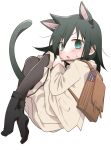  1girl animal_ear_fluff animal_ears backpack bag bags_under_eyes black_hair black_pantyhose black_socks blazer blush brown_jacket brown_skirt cat_ears cat_girl cat_tail chestnut_mouth commentary from_side full_body green_eyes hair_between_eyes highres hikaru_(ofuton_at5) holding_strap jacket kemonomimi_mode kuroki_tomoko long_hair long_skirt long_sleeves looking_at_viewer no_shoes pantyhose parted_lips pleated_skirt school_bag school_uniform simple_background skirt socks solo sweatdrop symbol-only_commentary tail v-shaped_eyebrows watashi_ga_motenai_no_wa_dou_kangaetemo_omaera_ga_warui! white_background 