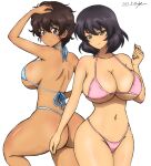  2girls ass bikini black_hair blue_bikini blue_eyes blush breasts brown_hair bukkuri closed_mouth dated girls_und_panzer green_eyes hoshino_(girls_und_panzer) large_breasts looking_at_viewer multiple_girls pink_bikini short_hair simple_background smile suzuki_(girls_und_panzer) swimsuit white_background 