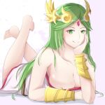  1girl absurdres barefoot breasts cleavage collarbone diadem ega-chan forehead_jewel full_body green_eyes green_hair highres kid_icarus kid_icarus_uprising large_breasts looking_at_viewer lying on_stomach palutena smile the_pose vambraces 
