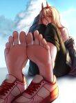  1girl barefoot black_pants blonde_hair blush chainsaw_man cloud cloudy_sky day demon_girl demon_horns eyelashes feet foot_focus foreshortening full_body greek_toe grey_jacket hair_between_eyes hand_on_own_head hand_up highres horns jacket knees_up legs_together long_hair looking_at_viewer mouth_hold nikishiko off_shoulder outdoors pants pink_footwear power_(chainsaw_man) shirt shoes shoes_removed sitting sky sneakers soles solo toenails toes white_shirt yellow_eyes 