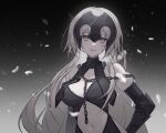 1girl bare_shoulders breasts chain clothing_cutout detached_sleeves dress fate/grand_order fate_(series) fur-trimmed_sleeves fur_trim grey_eyes grin hand_on_own_hip headpiece highres jeanne_d&#039;arc_alter_(avenger)_(fate) jeanne_d&#039;arc_alter_(avenger)_(third_ascension)_(fate) jeanne_d&#039;arc_alter_(fate) long_hair looking_at_viewer medium_breasts navel rcs_4 smile solo stomach stomach_cutout very_long_hair white_hair 