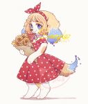  1girl absurdres animal_ears artist_name blonde_hair blue_eyes bouquet bow_hairband collar curly_hair dog_ears dog_girl dress flower from_side full_body furry furry_female hairband highres holding holding_bouquet hua_hua_de_meme looking_at_viewer looking_to_the_side original polka_dot polka_dot_dress polka_dot_hairband red_dress red_hairband sample_watermark short_hair sleeveless sleeveless_dress smile solo standing sunflower white_background white_collar white_fur 