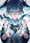  1girl bare_shoulders blue_eyes blue_hair blue_nails blue_necktie collared_shirt crying crying_with_eyes_open detached_sleeves fingernails gradient_background grey_background grey_shirt hair_between_eyes hair_ornament hands_up hatsune_miku highres long_hair long_sleeves looking_down mele_ck nail_polish necktie number_tattoo shirt sidelocks simple_background solo tattoo tears teeth triangle twintails unknown_mother_goose_(vocaloid) vocaloid white_background wide_sleeves 