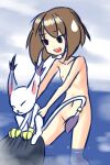  bandai_namco brown_hair convenient_censorship digimon digimon_(species) duo felid feline female gatomon hair hikari_kamiya hot_spring human mammal navel nipples nude ryuhi short_hair strategically_covered water young 