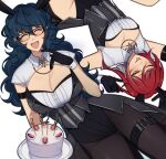  2girls :p absurdres animal_ears aoba_tsumugi black_gloves black_leotard blue_hair breasts cake cleavage closed_eyes ensemble_stars! fake_animal_ears food genderswap genderswap_(mtf) glasses gloves grey_vest highres leotard long_hair lummy_yummy multicolored_hair multiple_girls one_eye_closed open_mouth rabbit_ears red_hair sakasaki_natsume shirt smile tongue tongue_out vest wavy_hair white_hair white_shirt yellow_eyes 