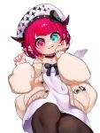  1girl :t absurdres appleblossomtea beret black_choker black_pantyhose blue_eyes blush bob_cut bow brown_cardigan cardigan cheek_press choker choppy_bangs commentary crystal_wings dress earrings flower_earrings hand_on_own_cheek hand_on_own_face hat hat_bow heterochromia highres hololive hololive_english irys_(3rd_costume)_(hololive) irys_(hololive) jewelry lace-trimmed_choker lace_trim long_sleeves looking_at_viewer necklace official_alternate_costume official_alternate_hair_length official_alternate_hairstyle open_cardigan open_clothes pantyhose pink_eyes pink_hair pink_nails pointy_ears red_hair short_dress short_hair simple_background sleeves_past_wrists smile solo sparkle_print star-shaped_pupils star_(symbol) swept_bangs symbol-shaped_pupils virtual_youtuber watch white_background white_dress white_headwear wristwatch 