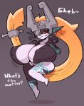 armor big_breasts black_body breasts dialogue fangs female hair headgear helmet hi_res huge_breasts humanoid humanoid_pointy_ears hyper hyper_breasts imp levitating low_res_art markings midna multicolored_body nintendo nipples one_eye_obstructed orange_hair red_eyes shadow short_stack simple_background smile smug solo teeth text the_legend_of_zelda thick_thighs twili twilight_princess white_body yellow_sclera 