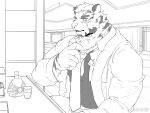  1boy adjusting_clothes adjusting_necktie alternate_costume animal_ears arknights bara blue_eyes facial_hair furry furry_male goatee greyscale large_hands looking_at_viewer male_focus me-me_(mouact2) monochrome mountain_(arknights) necktie scar scar_across_eye short_hair sideways_glance solo thick_eyebrows tiger_boy tiger_ears white_hair 