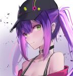  1girl bare_shoulders black_choker black_headwear choker closed_mouth commentary_request ear_piercing green_eyes hat highres hololive lizard0221 long_hair looking_at_viewer o-ring o-ring_choker piercing portrait purple_hair sidelocks simple_background smile solo tokoyami_towa twintails virtual_youtuber white_background 