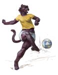  2023 anthro ball barefoot black_body black_fur black_hair bottomwear cettus clothed clothing feet felid female fur hair happy hi_res kick mammal open_mouth pantherine playing playing_sport serafina_(cettus) shirt shorts simple_background slim soccer soccer_ball solo sport topwear white_background 