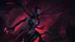  1girl absurdres arthropod_girl black_hair black_lips breasts bug claws cleavage colored_skin cowboy_shot elise_(league_of_legends) english_commentary eyelashes fog glowing glowing_eyes grey_skin highres large_breasts league_of_legends lipstick looking_ahead makeup navel outdoors pillar qi_mang_(qimang) red_eyes short_hair silk solo spider spider_girl spider_web stomach thighs 