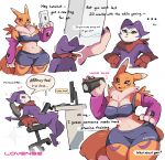  &lt;3 anthro bandai_namco biped blue_eyes breasts clothed clothing dialogue digimon digimon_(species) duo female fur green_eyes hi_res humanoid impmon male purple_body renamon simple_background sitting speech_bubble white_background white_body white_fur yellow_body yellow_fur zinnick 