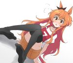  1girl animal_ears black_thighhighs blush bow commentary_request ear_bow feet gym_uniform horse_ears horse_girl horse_tail long_hair looking_at_viewer mayano_top_gun_(umamusume) nel-c no_shoes on_ground open_mouth orange_eyes orange_hair orange_shorts original_race_uniform_(umamusume) race_bib shirt short_sleeves shorts simple_background soles solo sweat tail thighhighs two_side_up umamusume white_background white_shirt 