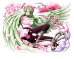  1girl bird_girl bodskih breasts cherry_blossoms dress feathers flower green_feathers green_hair hand_wings harpy large_breasts long_hair looking_at_viewer monet_(one_piece) monster_girl official_art one_eye_closed one_piece one_piece_treasure_cruise pink_dress short_dress tree 