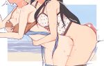  2girls beach bikini black_hair blonde_hair blush breasts brown_bikini cleavage darjeeling_(girls_und_panzer) doggystyle futanari girls_und_panzer grabbing grabbing_another&#039;s_breast grabbing_from_behind implied_futanari implied_sex large_breasts long_hair multiple_girls navel nishi_kinuyo ocean outdoors polka_dot polka_dot_shirt sex shirt speed_lines swimsuit unfortunate_hero 