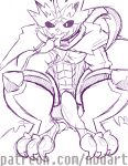  abs anthro bandai_namco black_sclera cape claws clothing crouching digimon digimon_ghost_game erection genitals gulusgammamon hi_res horn male naughtybigdog penis scalie sketch solo stinger_tail vein veiny_penis 