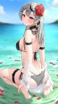  1girl bare_shoulders barefoot bikini black_bikini black_hair blush bowsan braid breasts collar feet grey_hair hair_ornament highres hololive large_breasts leaf looking_at_viewer multicolored_hair ocean outdoors red_eyes sakamata_chloe side-tie_bikini_bottom solo streaked_hair swimsuit virtual_youtuber water wet x_hair_ornament 