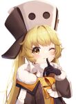  1girl blonde_hair bow brown_coat brown_gloves coat finger_to_mouth fur-trimmed_coat fur-trimmed_sleeves fur_trim gloves hat highres honkai:_star_rail honkai_(series) hook_(honkai:_star_rail) light_blush light_smile long_hair looking_at_viewer one_eye_closed open_clothes open_coat orange_bow quasar631 simple_background solo twintails upper_body white_background white_headwear yellow_eyes 