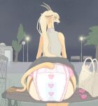  absurd_res antelope anthro bench blush bottomwear bovid butt clothed clothing diaper female gazelle grass hi_res horn looking_back mammal night outside plant purse raised_bottomwear raised_clothing raised_skirt senkousya sitting skirt solo street_lamp trash_can 