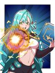  1girl aqua_cape aqua_hair book breasts cape chloe_(fire_emblem) commentary emphasis_lines fire_emblem fire_emblem_engage green_eyes groin hair_between_eyes half_updo highres holding holding_book long_hair long_sleeves looking_at_viewer magic medium_breasts midriff mnejing30 navel open_mouth shirt solo stomach upper_body v-shaped_eyebrows very_long_hair white_shirt 