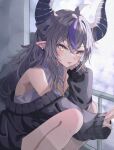  ahoge alternate_costume black_horns braid braided_bangs ear_piercing earrings grey_hair highres hololive horns jewelry la+_darknesss long_hair multicolored_hair piercing pointy_ears purple_hair streaked_hair striped_horns tenpura_noraneko virtual_youtuber yellow_eyes 