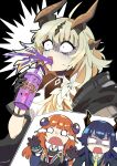  3girls absurdres ahoge arknights bagpipe_(arknights) black_background black_gloves blonde_hair blue_hair ch&#039;en_(arknights) commentary_request constricted_pupils cup disposable_cup dragon_horns dress drinking_straw flower gloves grimace_shake_(meme) hair_flower hair_ornament highres holding holding_cup horns long_hair mcdonald&#039;s meme multiple_girls necktie o_o open_mouth orange_hair reed_(arknights) reed_the_flame_shadow_(arknights) short_sleeves sleepyowl_(jobkung15) upper_body very_long_hair white_dress white_flower yellow_necktie 