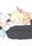 1boy 1girl aged_down animal_costume animal_ear_fluff animal_ears arona&#039;s_sensei_doodle_(blue_archive) bed bed_sheet black_hair blonde_hair blue_archive business_suit commentary_request dog_costume dog_ears dog_girl drooling extra_ears faceless faceless_male hair_over_one_eye highres hug kanna_(blue_archive) long_bangs long_hair long_sleeves lying_on_person on_bed out_of_frame pillow sensei_(blue_archive) sharp_teeth shirt sidelocks simple_background sleeping sleeping_on_person sleepwear suit teeth white_shirt yosik 