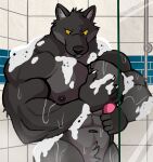  absurd_res anthro bathing big_muscles black_body black_fur canid canine canis darknaigart fur hi_res male mammal muscular navel nipples nude pecs shower showering soap solo suds wet wolf 
