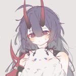  1girl animal animal_ears bare_shoulders blue_eyes cat cat_ears fluffy hair_between_eyes highres holding holding_animal holding_cat honkai_(series) honkai_impact_3rd horns implied_yuri k127m413 kiana_kaslana light_blush long_hair purple_eyes purple_hair raiden_mei raiden_mei_(herrscher_of_thunder) simple_background sweatdrop whiskers white_cat white_fur 